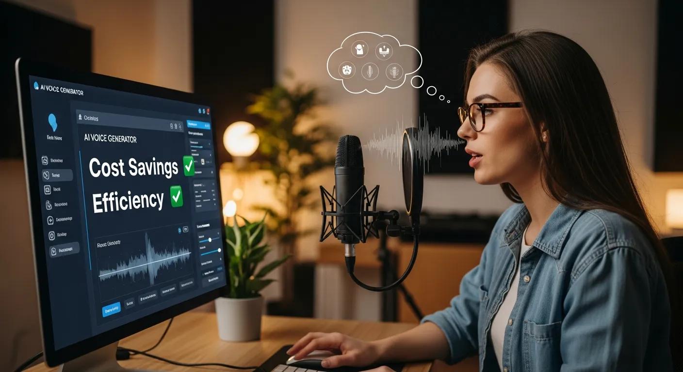 Content creator using AI voice generators, highlighting advantages like cost savings and efficiency Content creator using AI voice generators, highlighting advantages like cost savings and efficiency