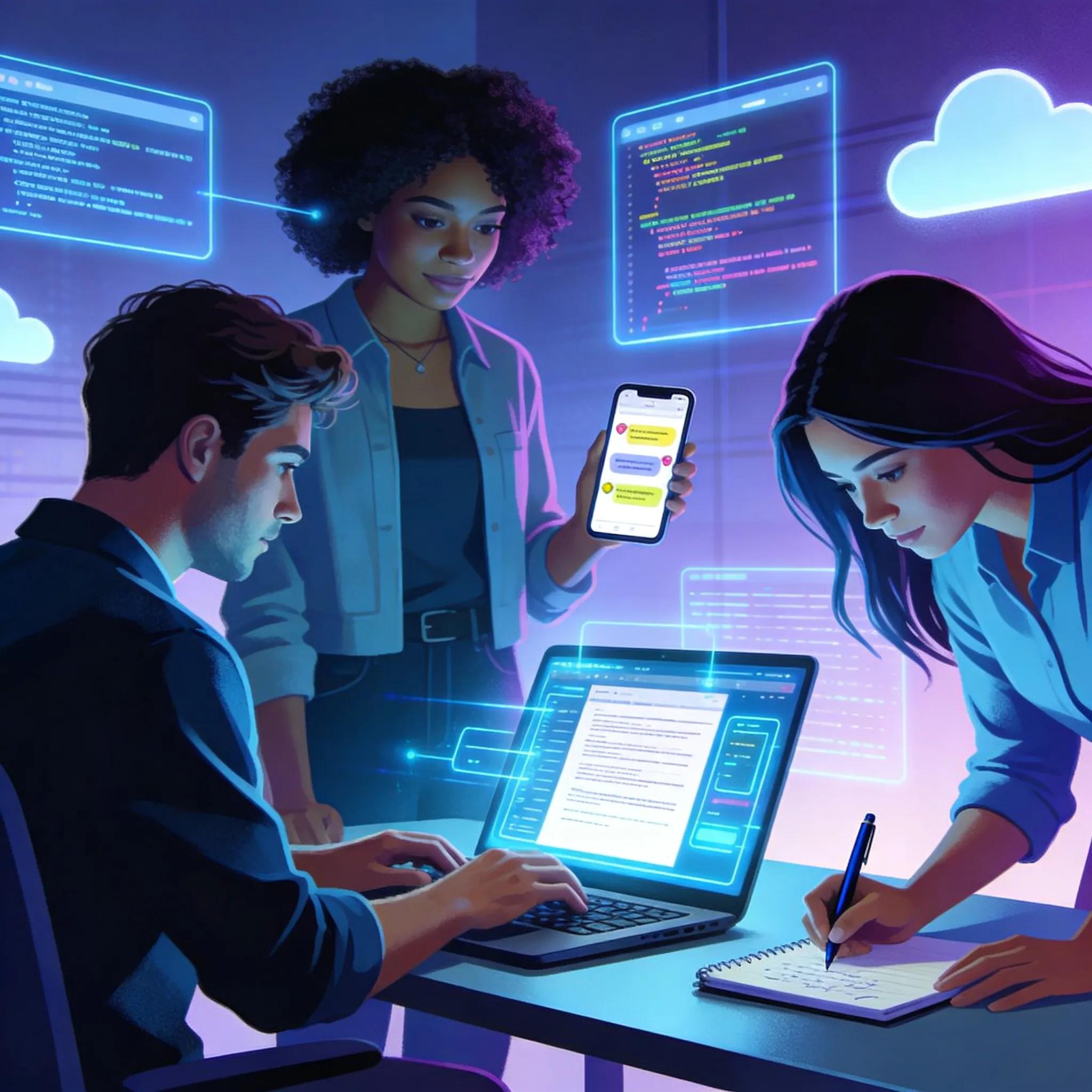 Personas colaborando en un documento digital en una oficina moderna