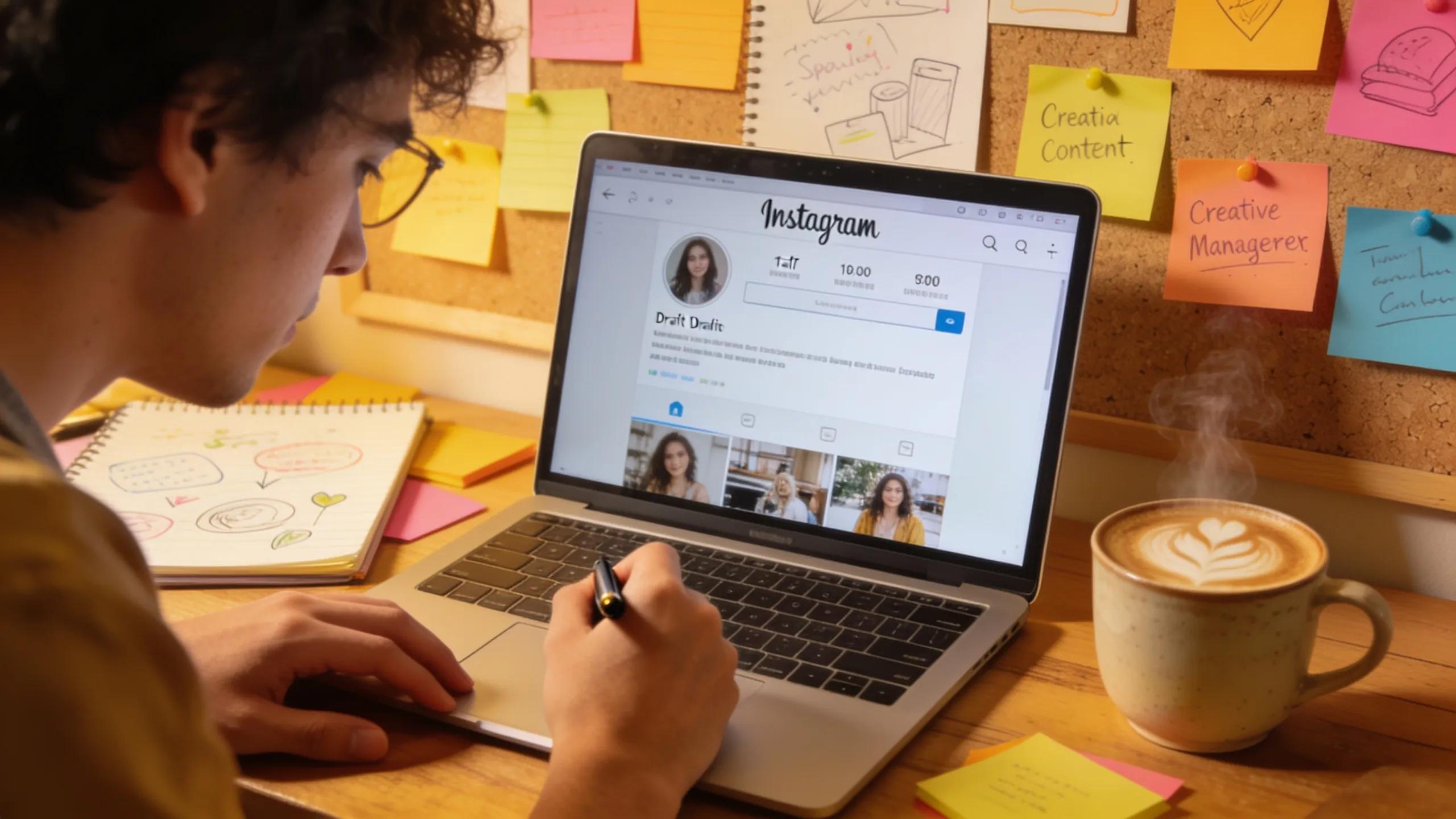 Social media manager brainstorming Instagram growth strategies in a creative workspace
