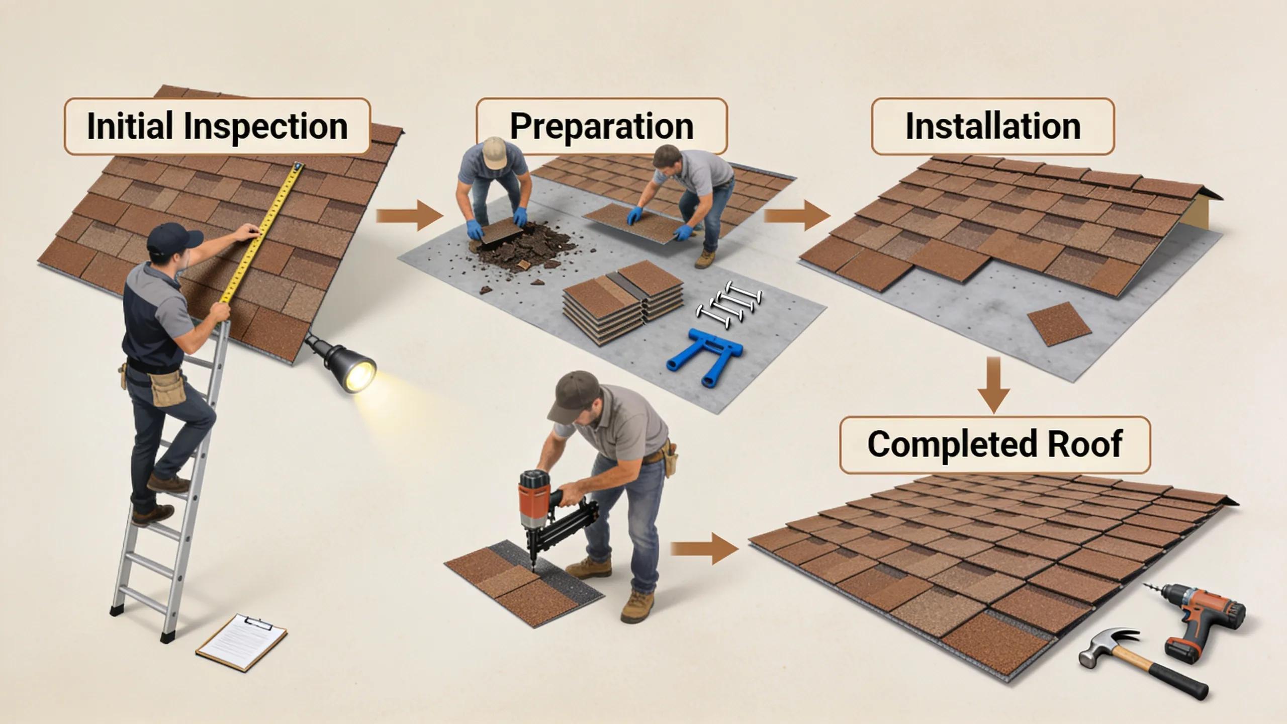 Stages of the roof installation process showcasing inspection, preparation, and installation
