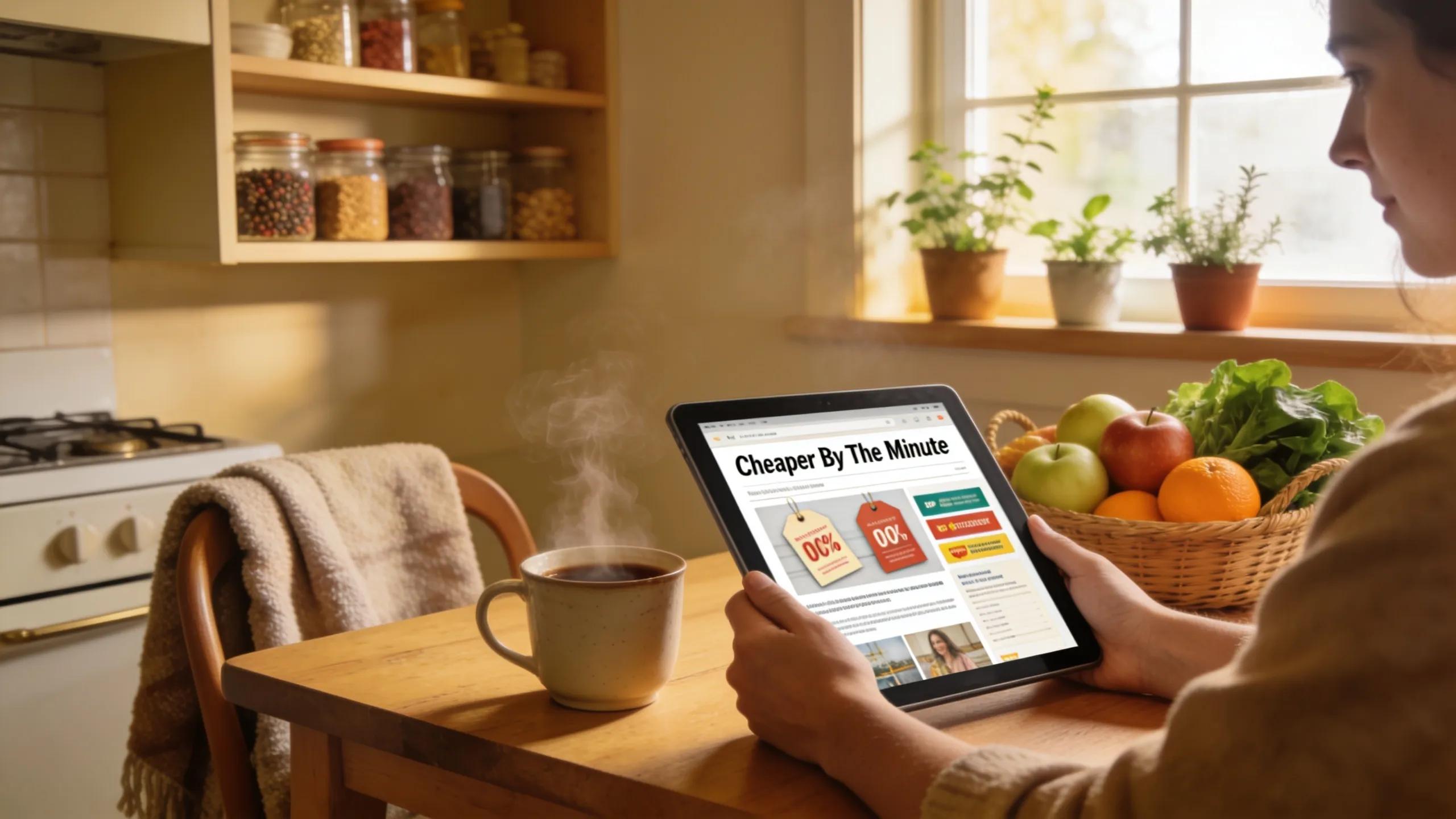 Person reading Cheaper By The Minute newsletter on a tablet in a cozy kitchen, surrounded by fresh groceries and coffee