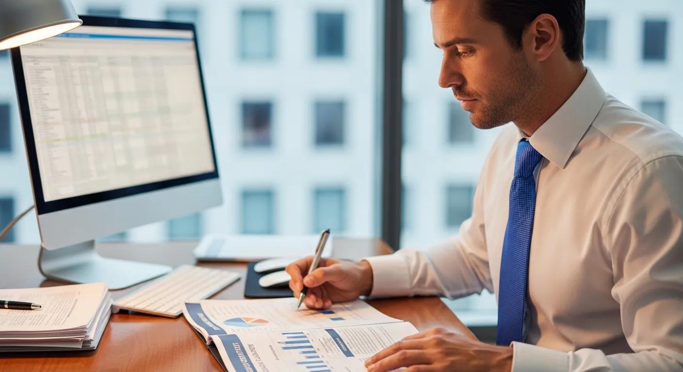 Bank employee reviewing loan documents focusing on borrower history and collateral quality