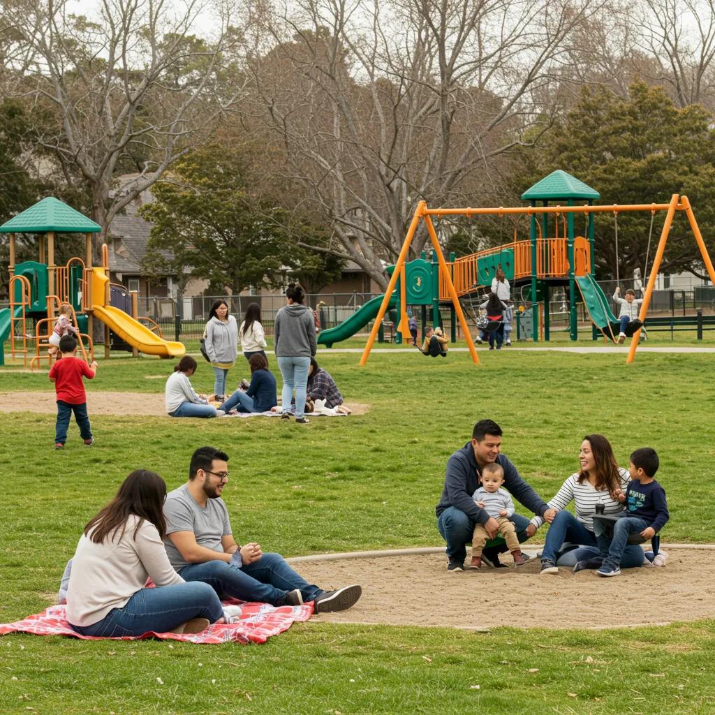 Families enjoying a bright day in a welcoming suburban park, reflecting a vibrant, family-friendly community Families enjoying a bright day in a welcoming suburban park, reflecting a vibrant, family-friendly community