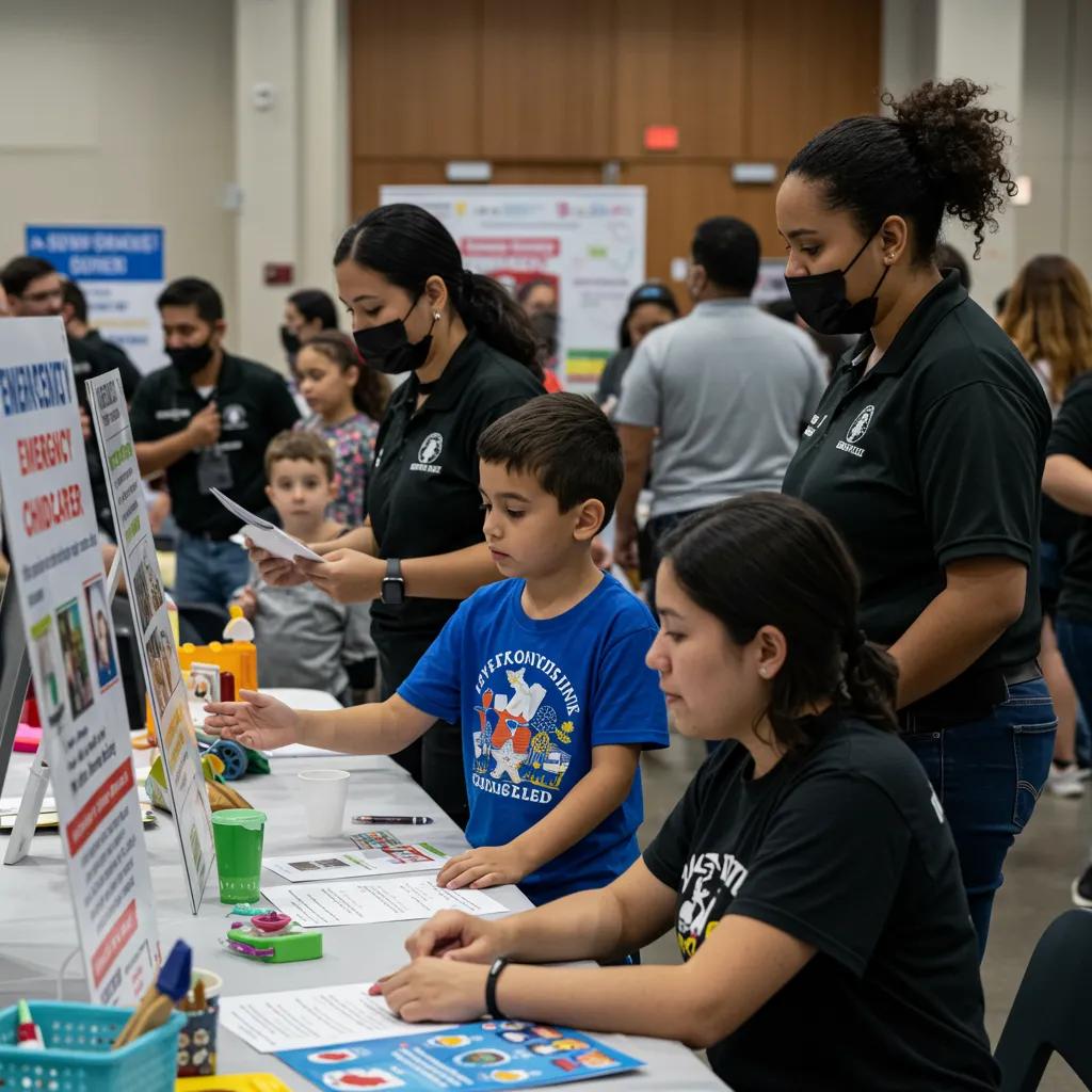 Families exploring emergency childcare options at a community resource fair, highlighting collaboration during government shutdowns