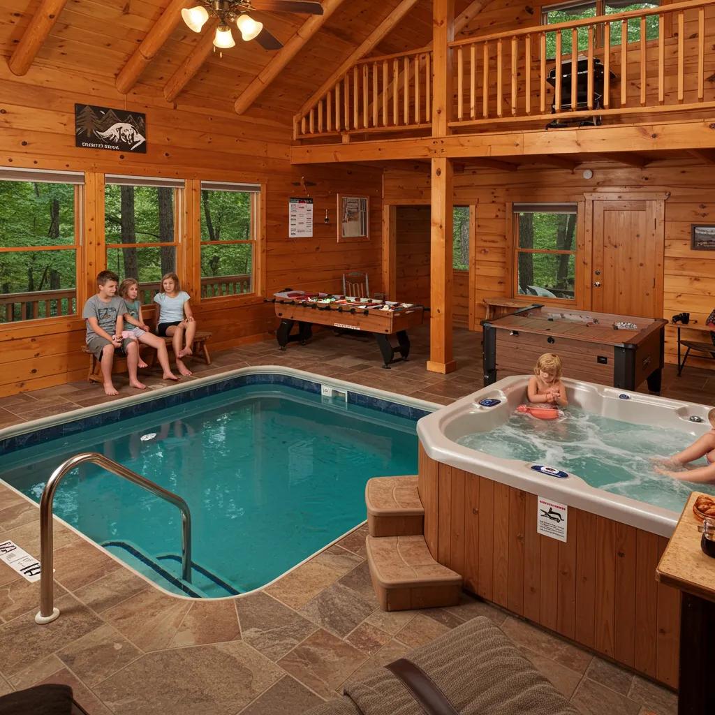 Families relaxing at Bigfoot Cabin, featuring amenities like a heated pool and game room for post-adventure recovery