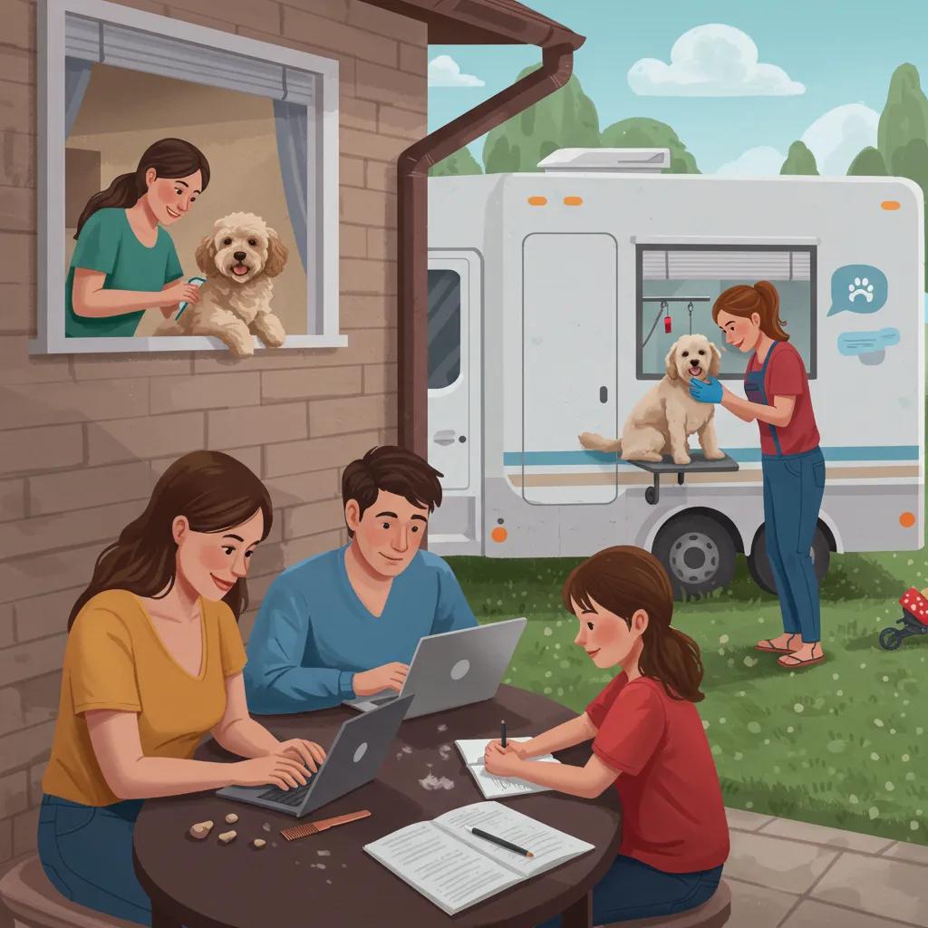 A happy family watching their dog get groomed by a mobile groomer outside their home