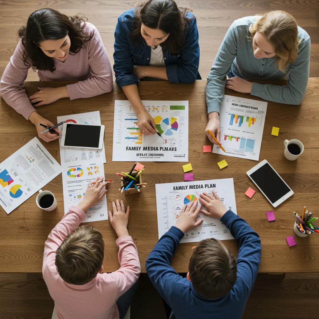 Family collaborating on a media plan, emphasizing effective digital parenting strategies for emotional growth