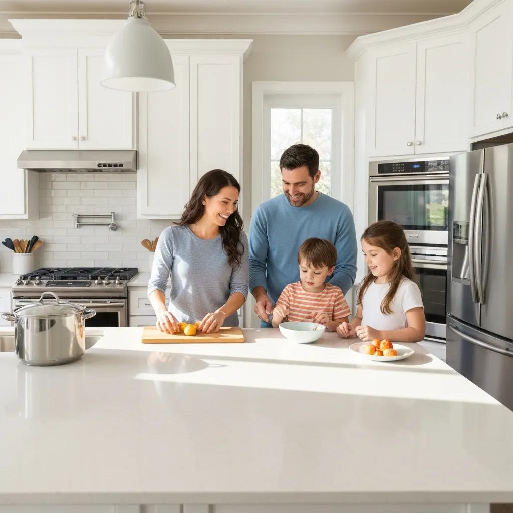 Family cooking in a Roswell kitchen featuring durable quartz countertops and easy-care surfaces Family cooking in a Roswell kitchen featuring durable quartz countertops and easy-care surfaces