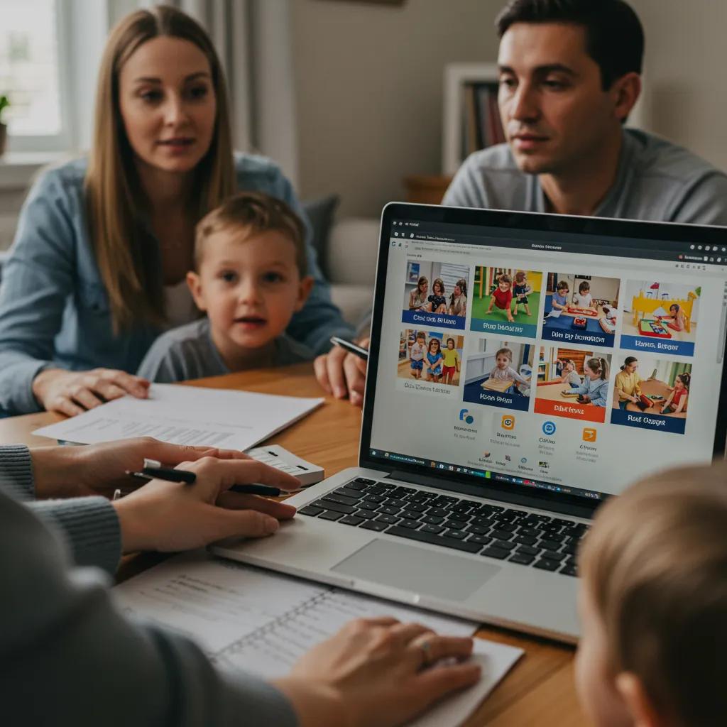 Family discussing childcare options at home, emphasizing quality and affordability
