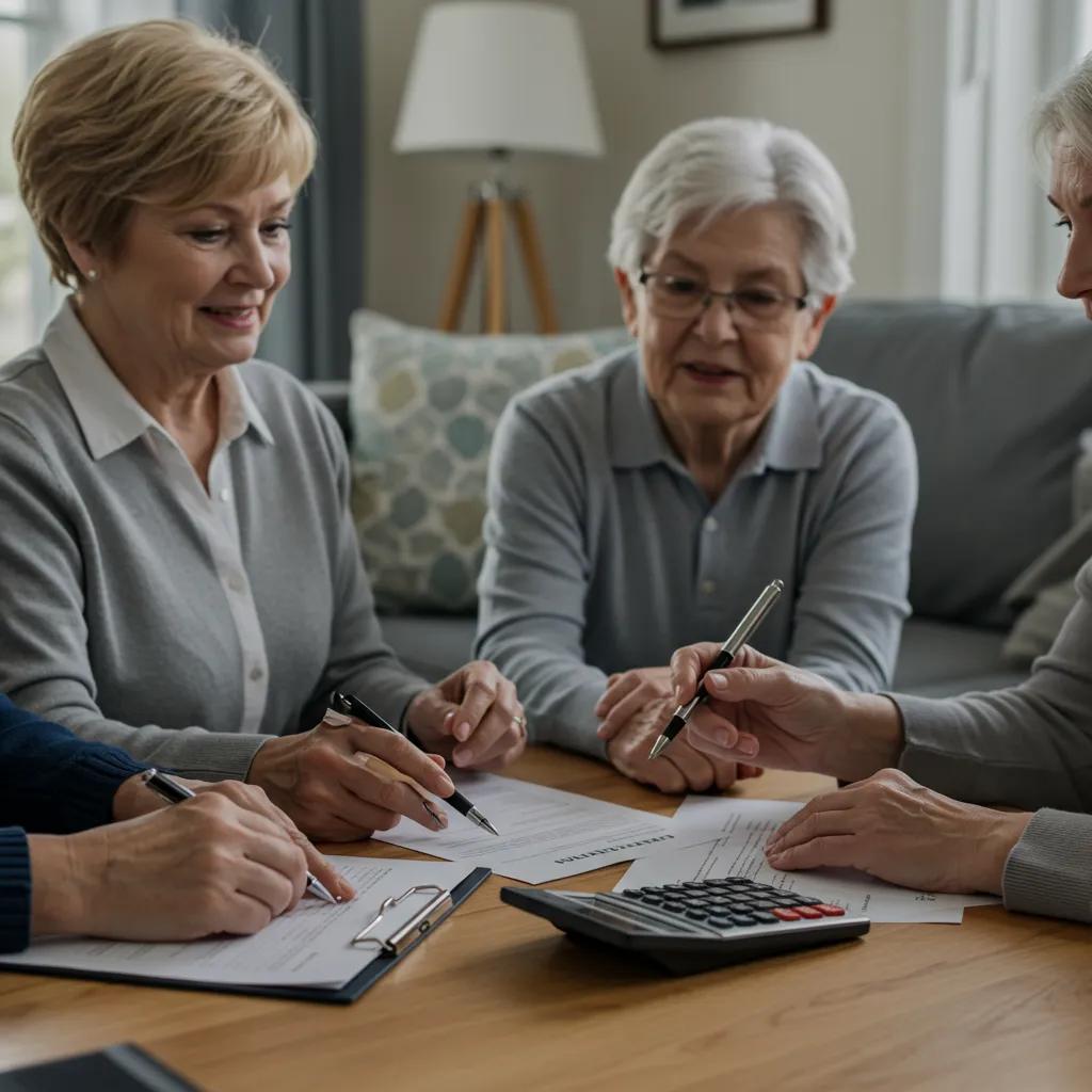 Family discussing financial planning for memory care in a cozy living room setting