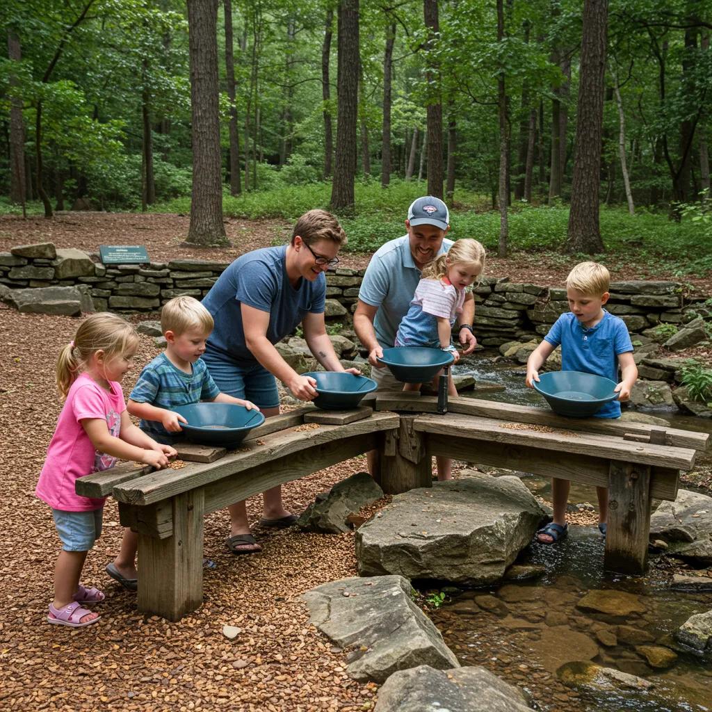Family engaging in gold panning activity at a historic site in Dahlonega