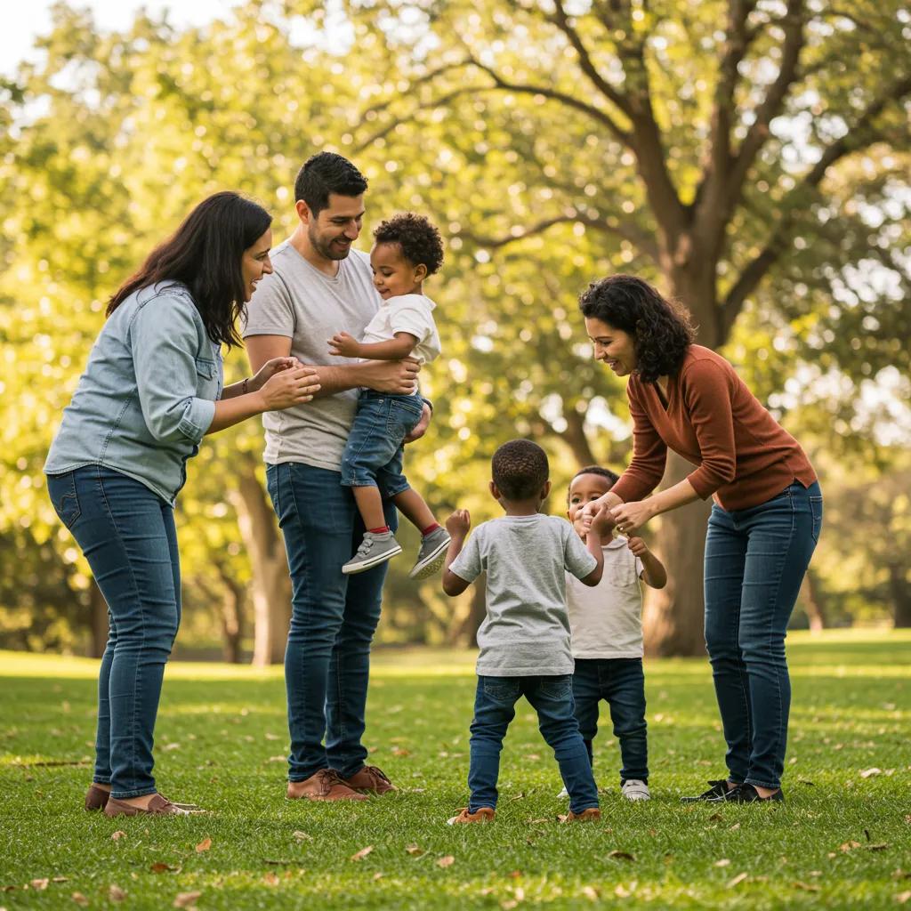 Family engaging in positive parenting activities in a park, emphasizing emotional connection and joy Family engaging in positive parenting activities in a park, emphasizing emotional connection and joy