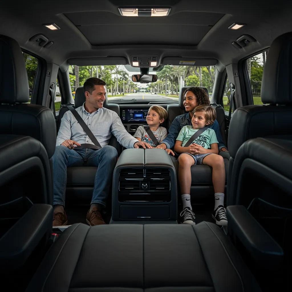 Family enjoying a comfortable ride in a luxury SUV on a scenic Tampa Bay route