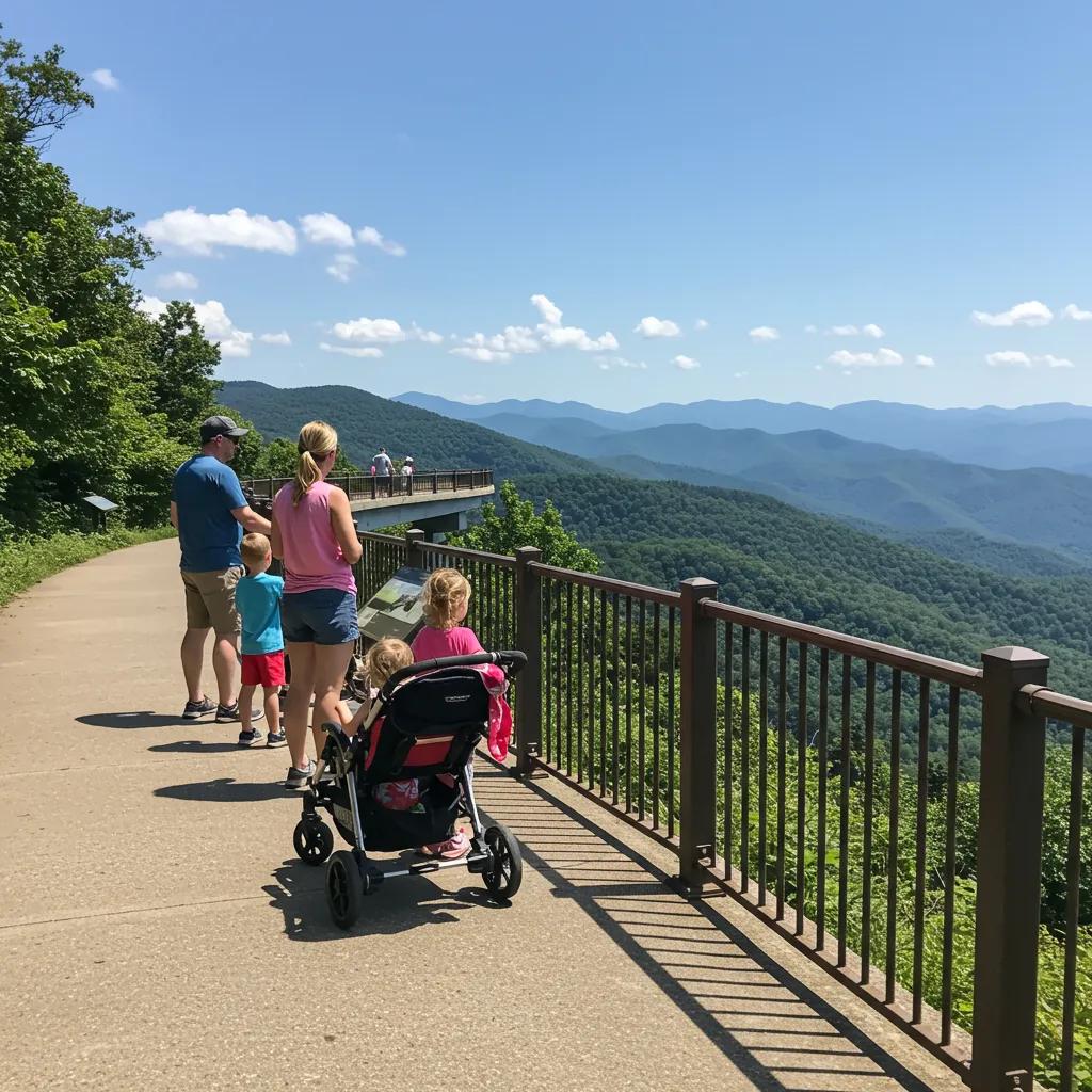 Family enjoying a kid-friendly overlook at Blue Ridge Parkway with stunning mountain views