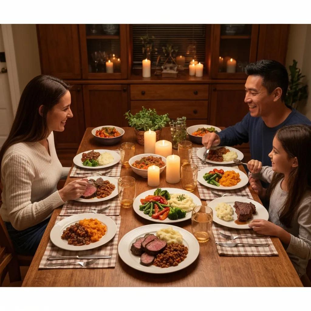Family sharing a meal with several beef dishes on the table — highlights convenience and variety from buying in bulk