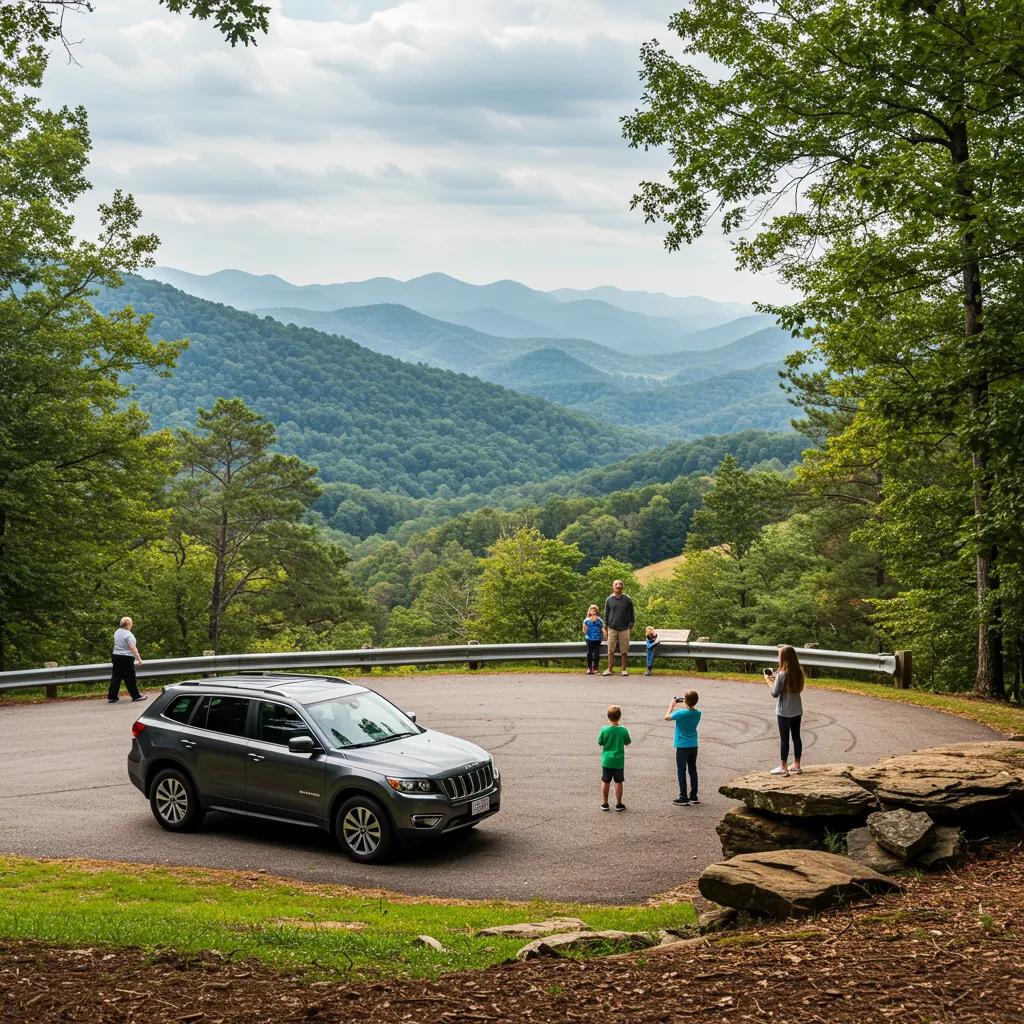 Family enjoying a scenic drive with children at an overlook in Blue Ridge Georgia