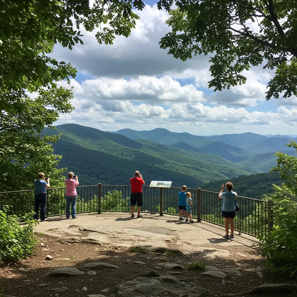 Family enjoying panoramic mountain views from a safe overlook in Blue Ridge