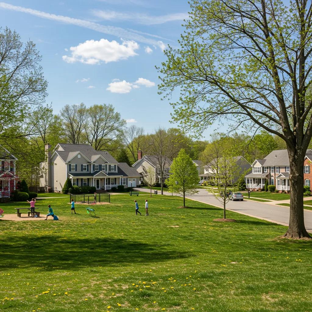 Family-friendly neighborhood in Moorestown, NJ with tree-lined streets and children playing Family-friendly neighborhood in Moorestown, NJ with tree-lined streets and children playing