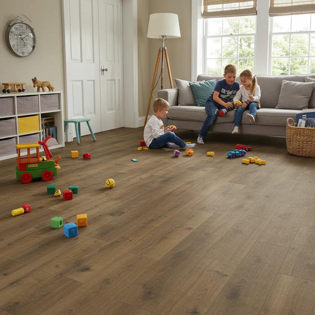 Family-friendly open-plan area with children and pets on durable Luxury Vinyl Tile flooring, highlighting its scratch-resistant features