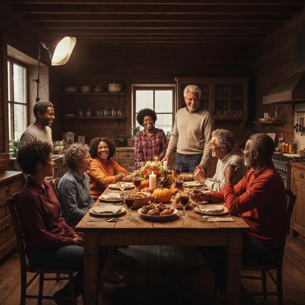 Family gathering around a Thanksgiving table with decorations and a turkey, highlighting togetherness and gratitude