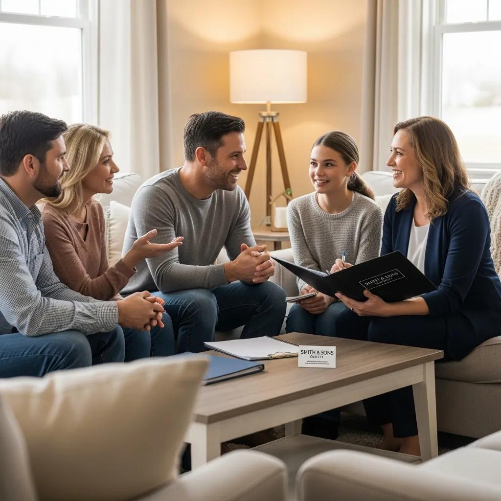 Family meeting with a real estate agent in a cozy home setting, emphasizing personalized service