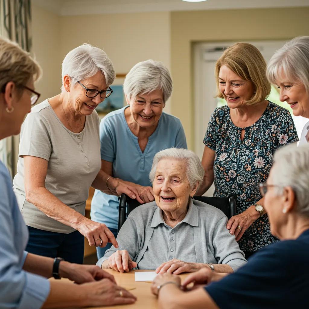 Family providing emotional support to an elderly loved one in a memory care setting