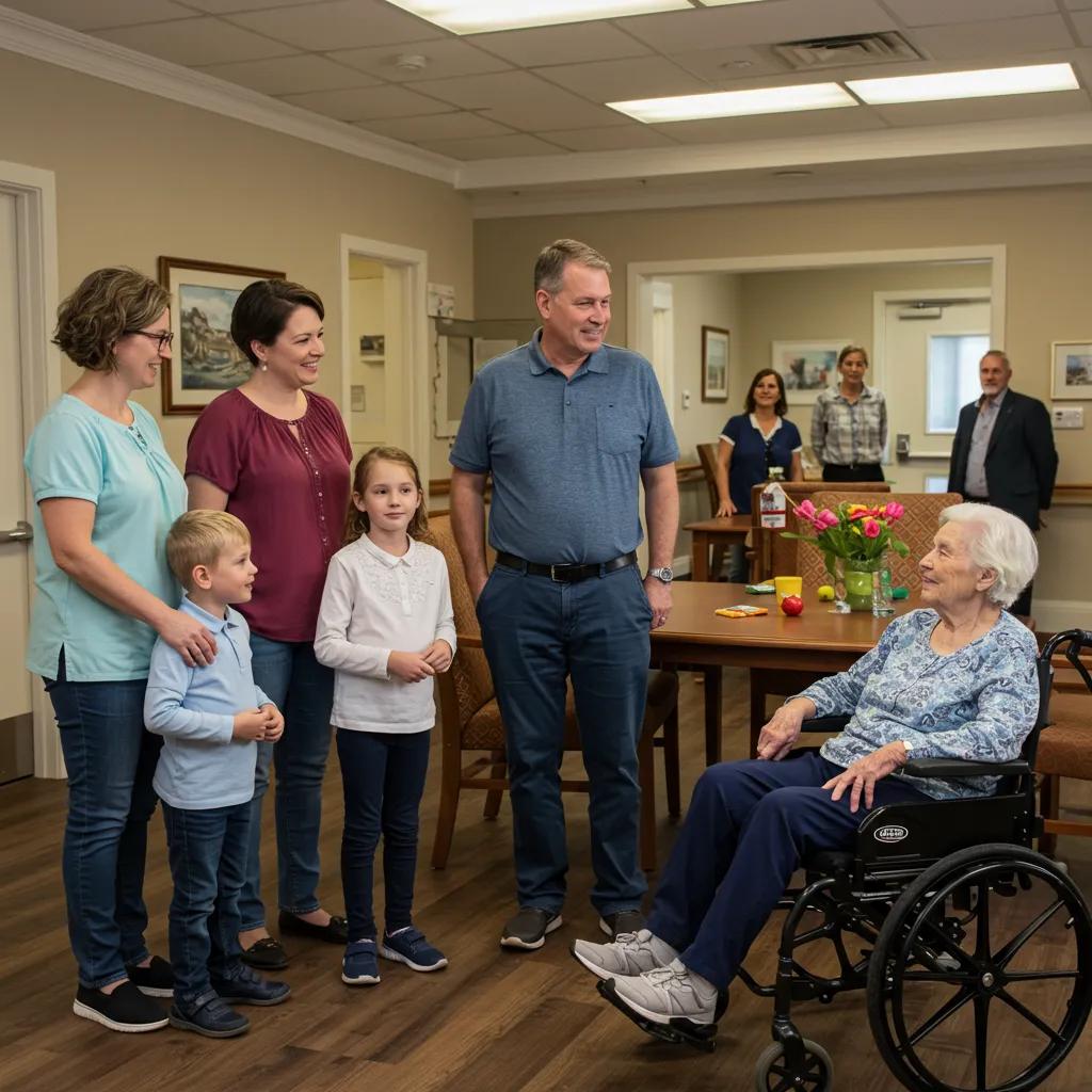 Family touring a welcoming memory care facility with engaged staff Family touring a welcoming memory care facility with engaged staff