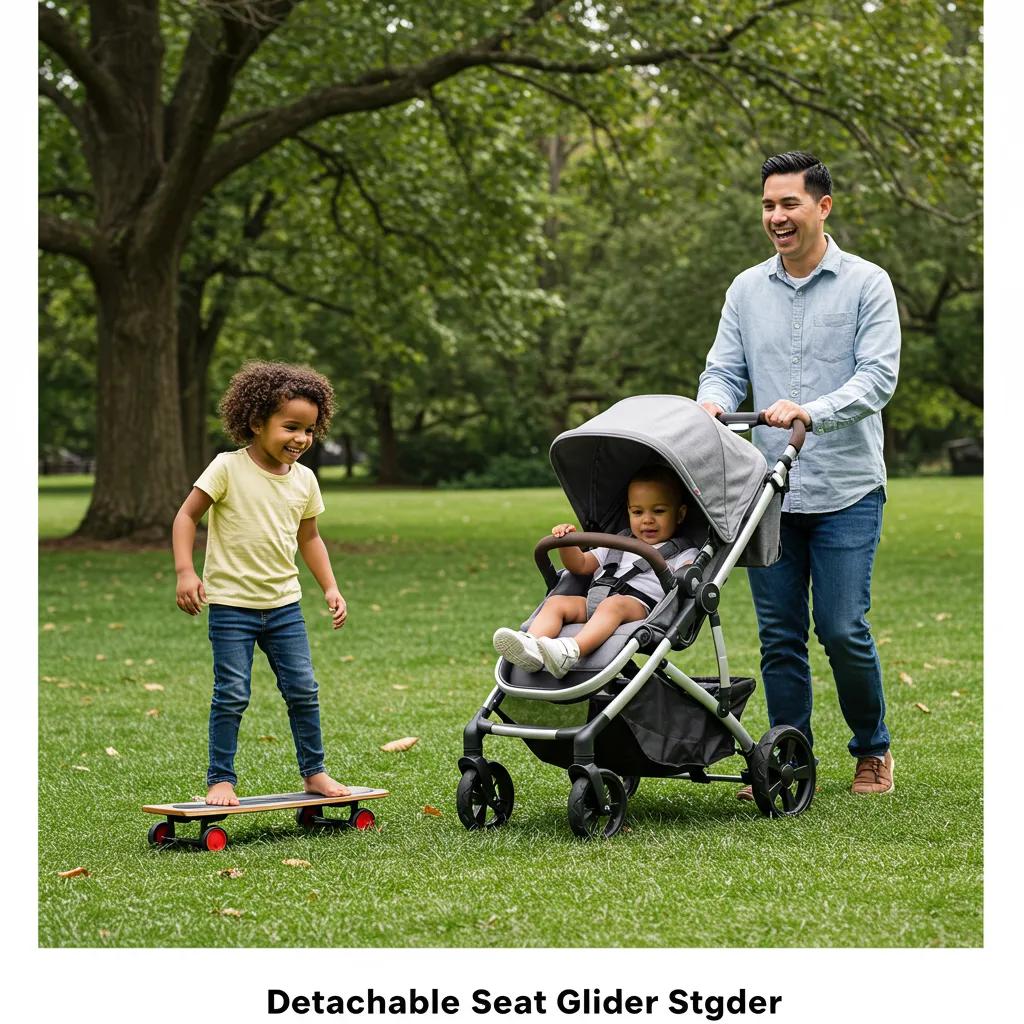 Happy family enjoying a park outing with a Detachable Seat Glider Stroller, showcasing its convenience and mobility features for toddlers
