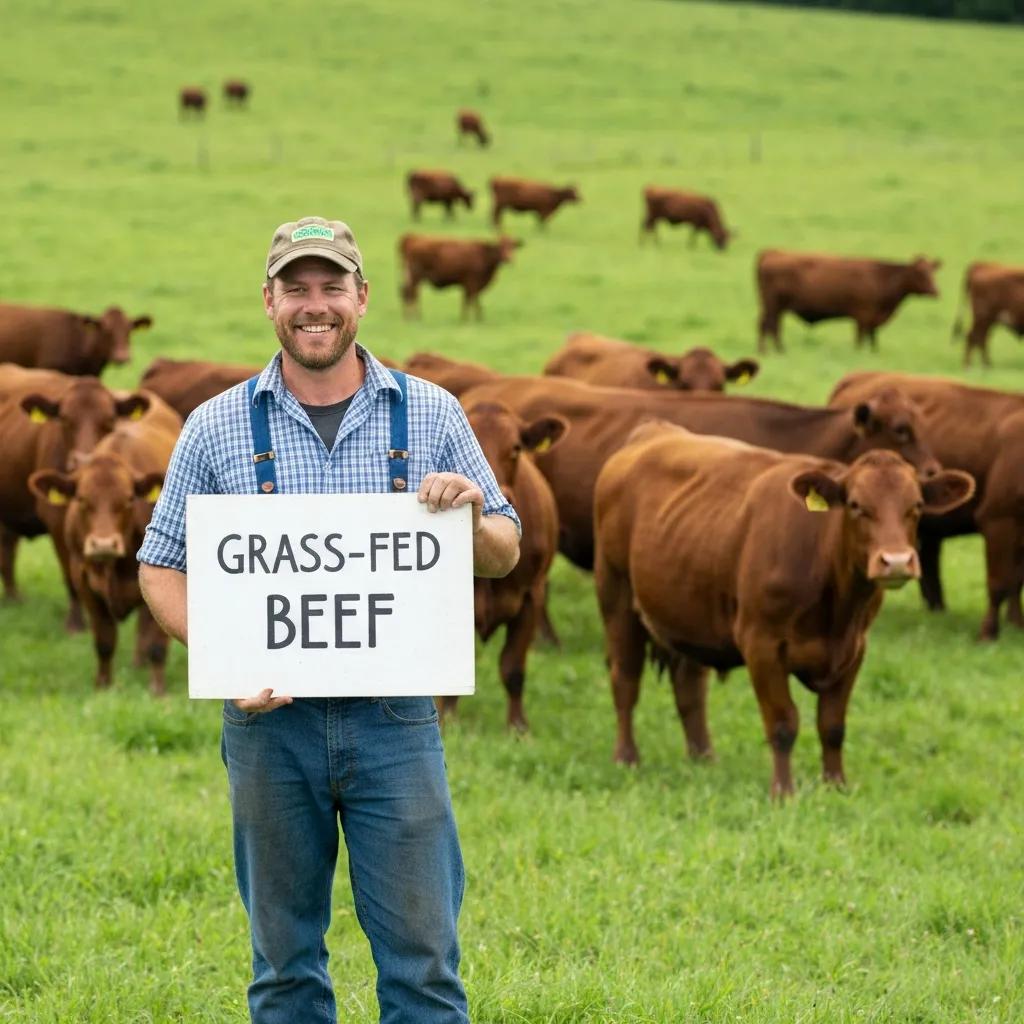 Farmer standing in pasture with grass-fed cattle, illustrating direct-to-consumer beef options
