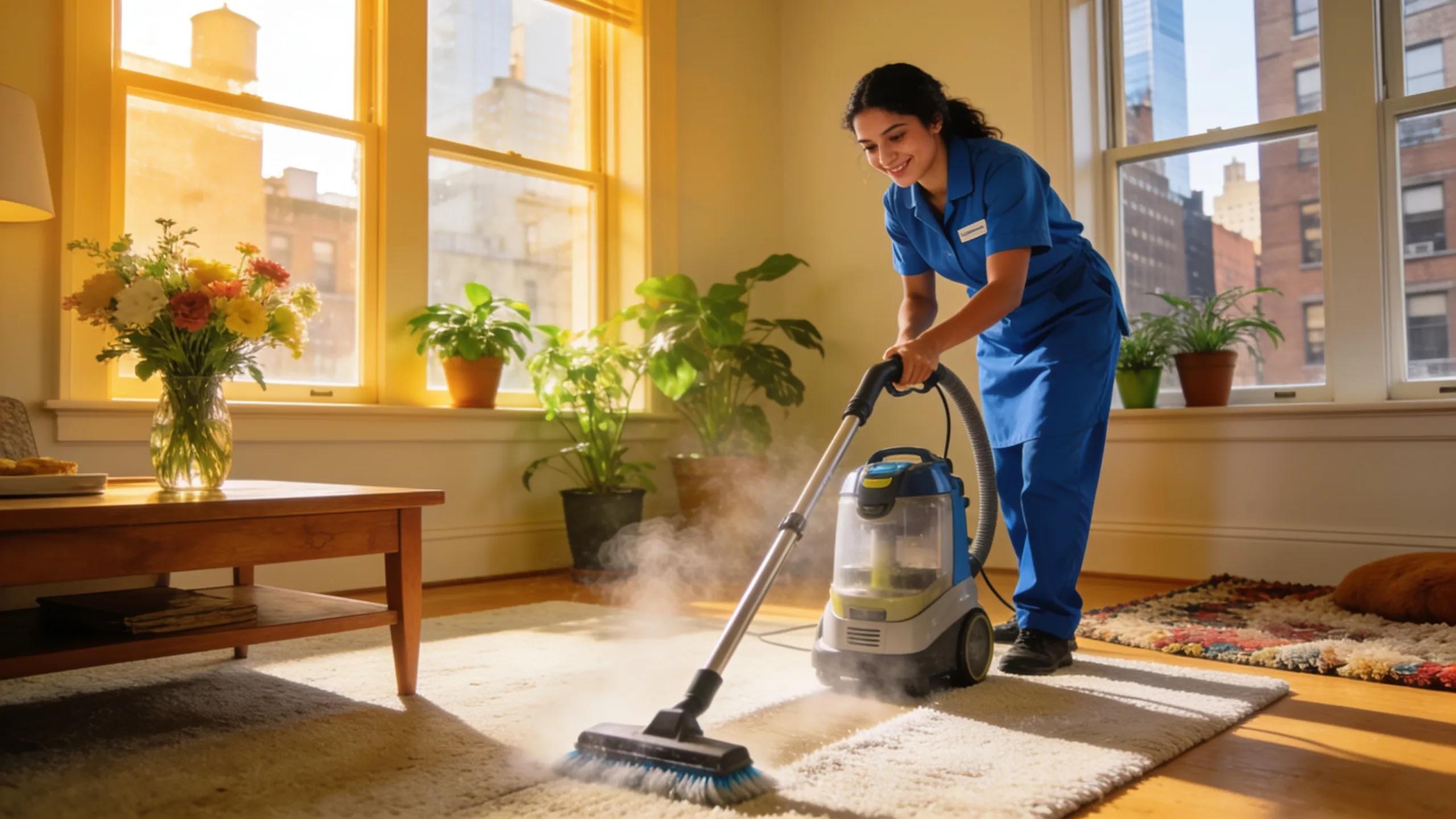Residential cleaner using steam cleaning equipment in a New York City apartment