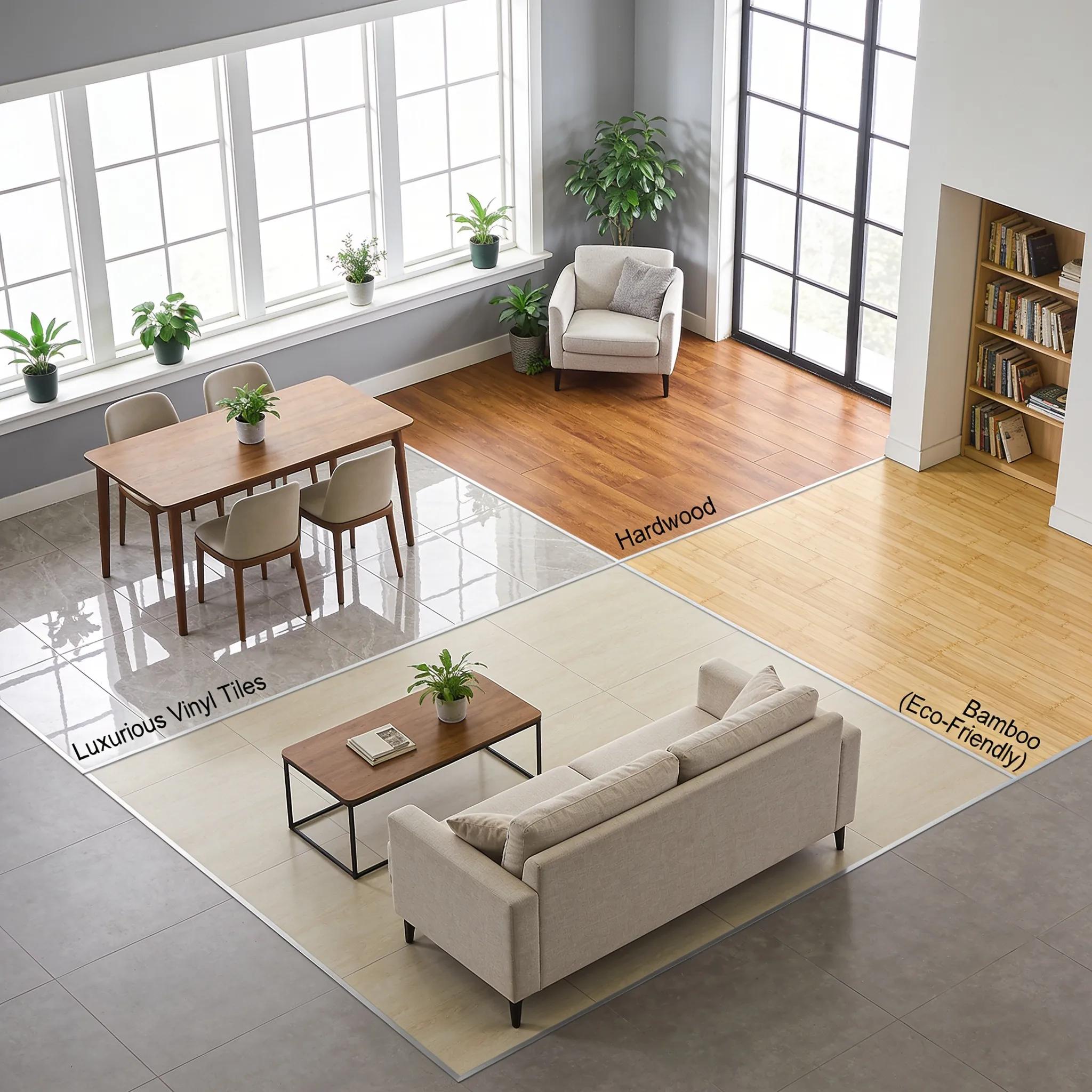 Contemporary living room showing luxury vinyl, hardwood, and bamboo flooring—style and sustainability in one room.