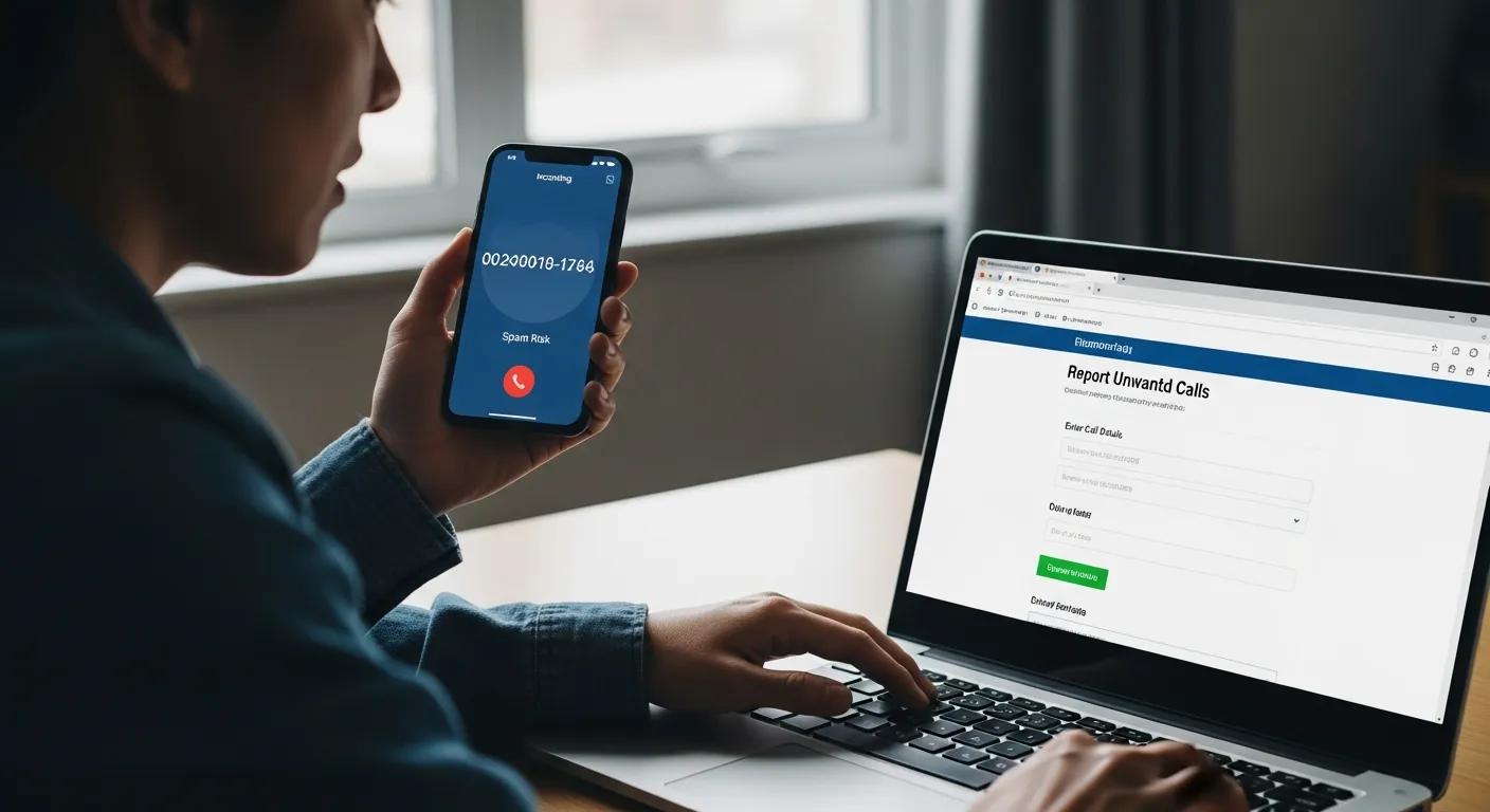 Person reporting a spam call on their phone while a laptop displays a reporting website