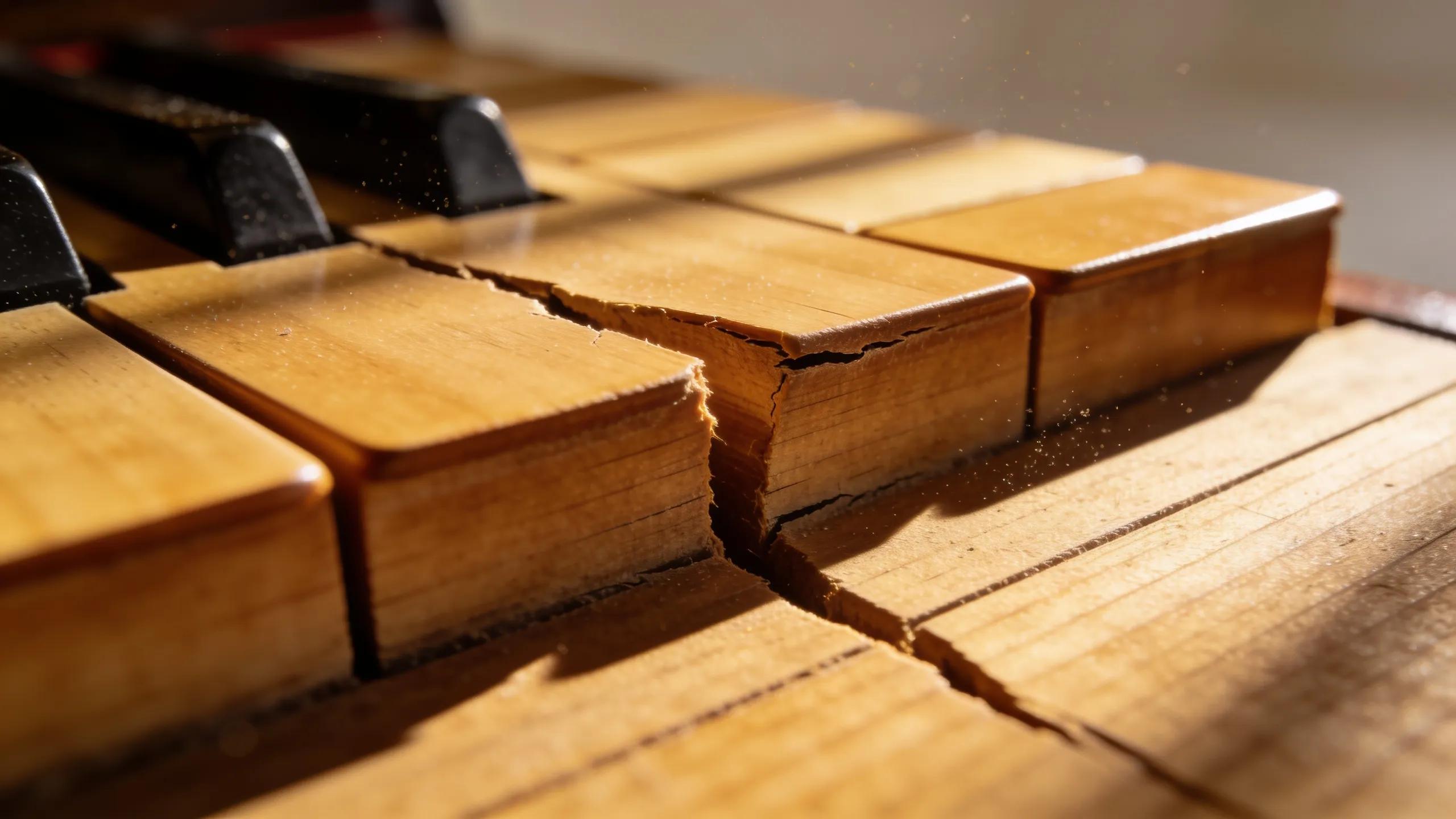 Close-up of a piano soundboard highlighting cracks and warping indicators for inspection
