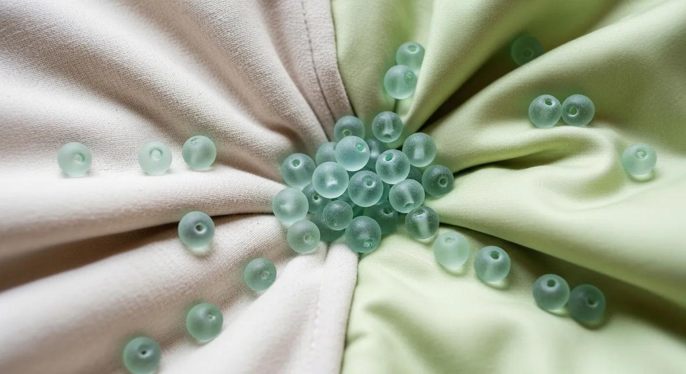 Close-up of organic cotton, bamboo fabric and recycled glass beads used in sustainable weighted blankets