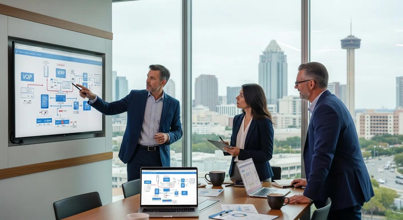 Business professionals discussing VoIP technology in a modern San Antonio office
