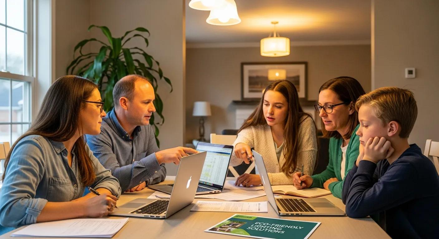 Family discussing financing options for home lighting improvements