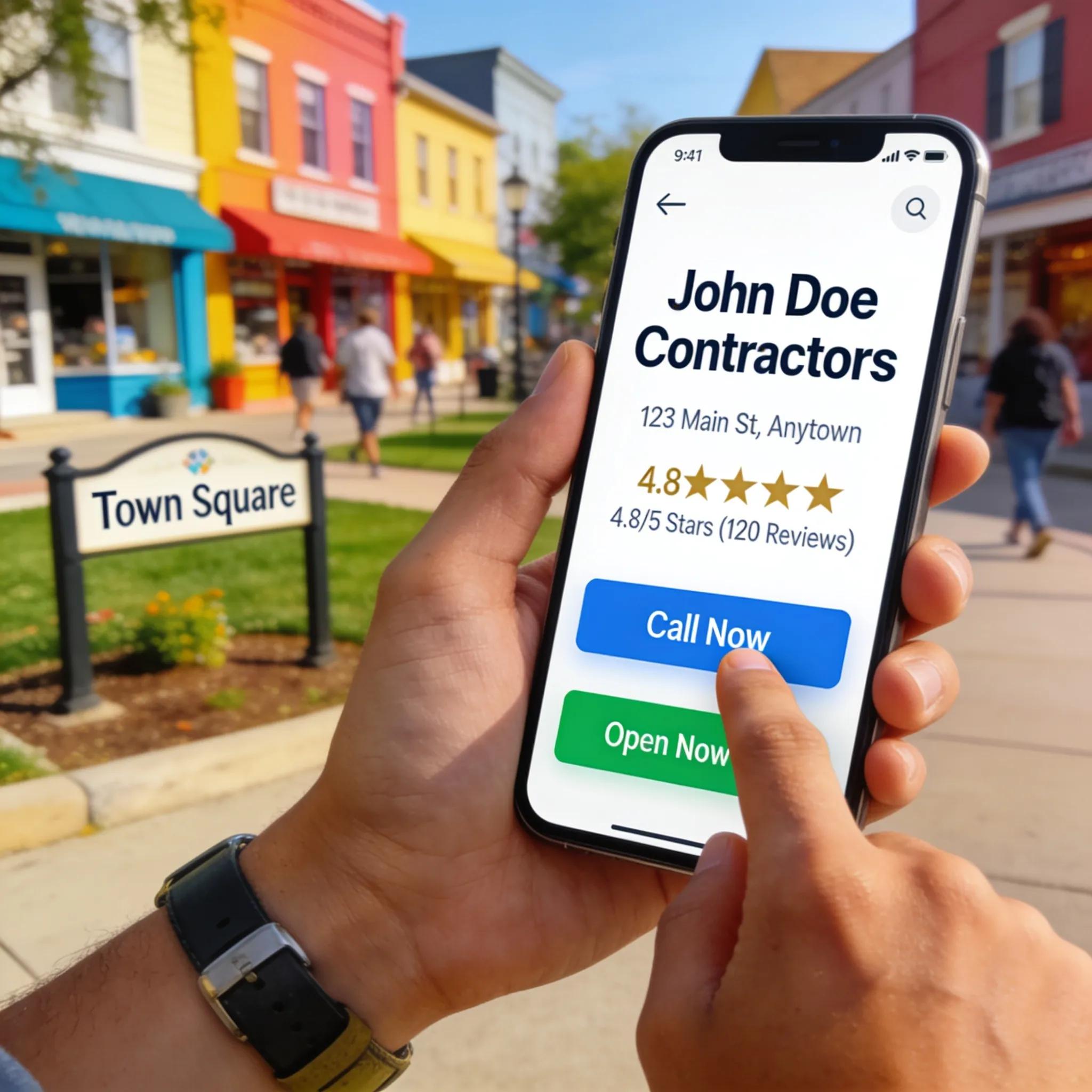 Contractor showcasing local SEO optimization with Google My Business on a smartphone