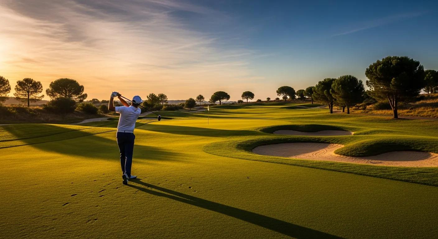 Golfer taking a shot on a quiet, standalone course Golfer taking a shot on a quiet, standalone course