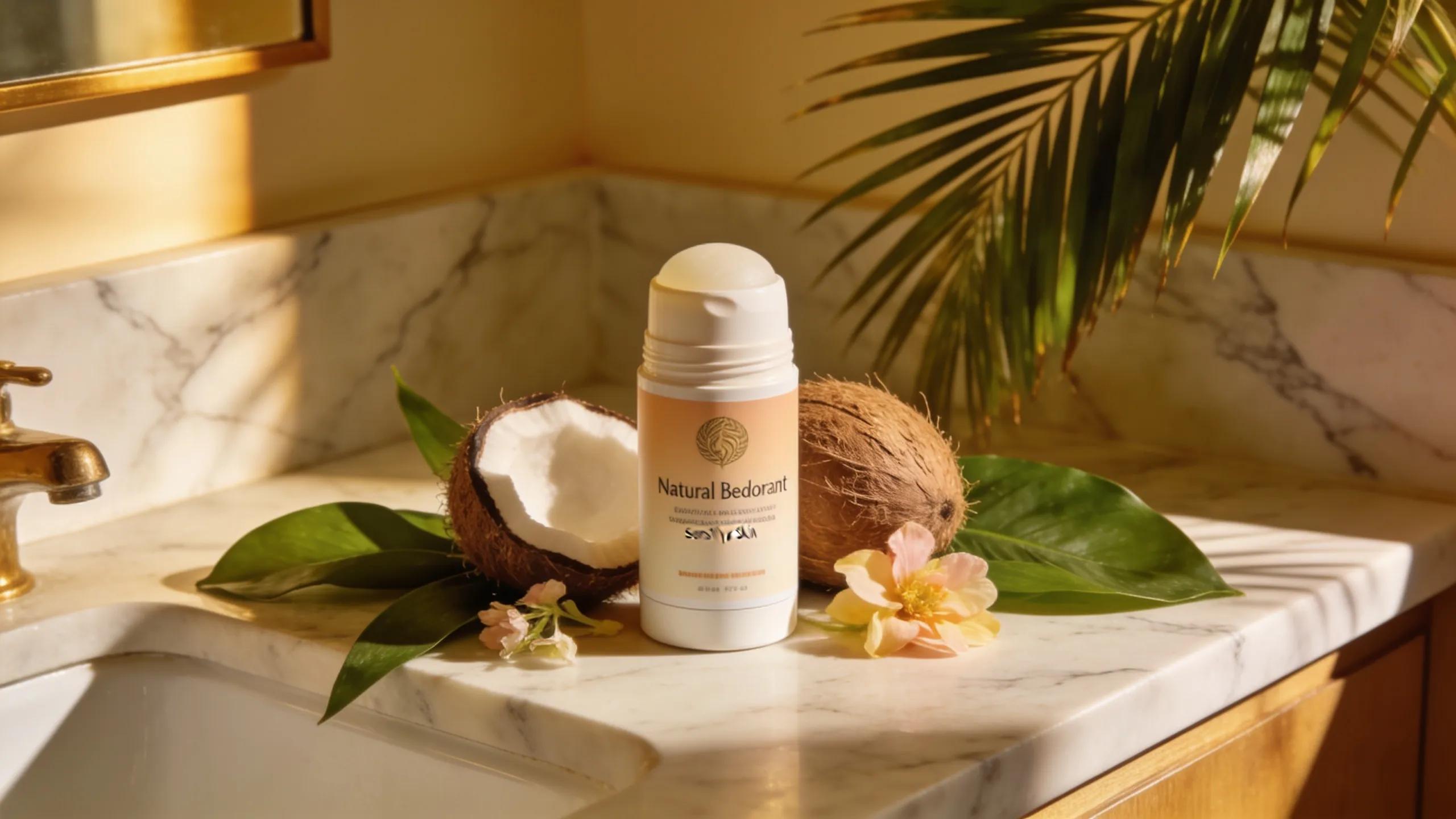 Natural deodorant product with coconut and greenery highlighting benefits for sensitive skin