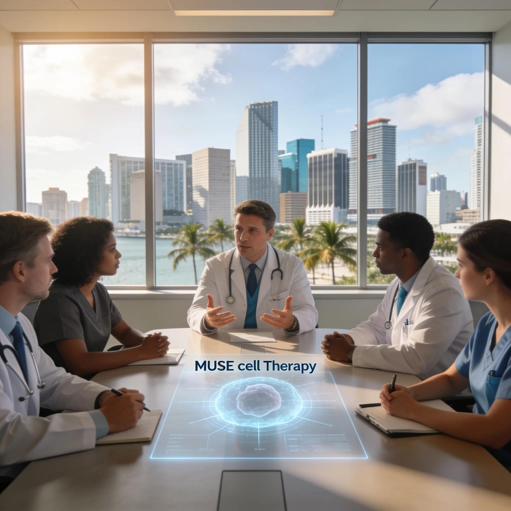 Medical professionals discussing MUSE cell therapy applications with Miami skyline in background
