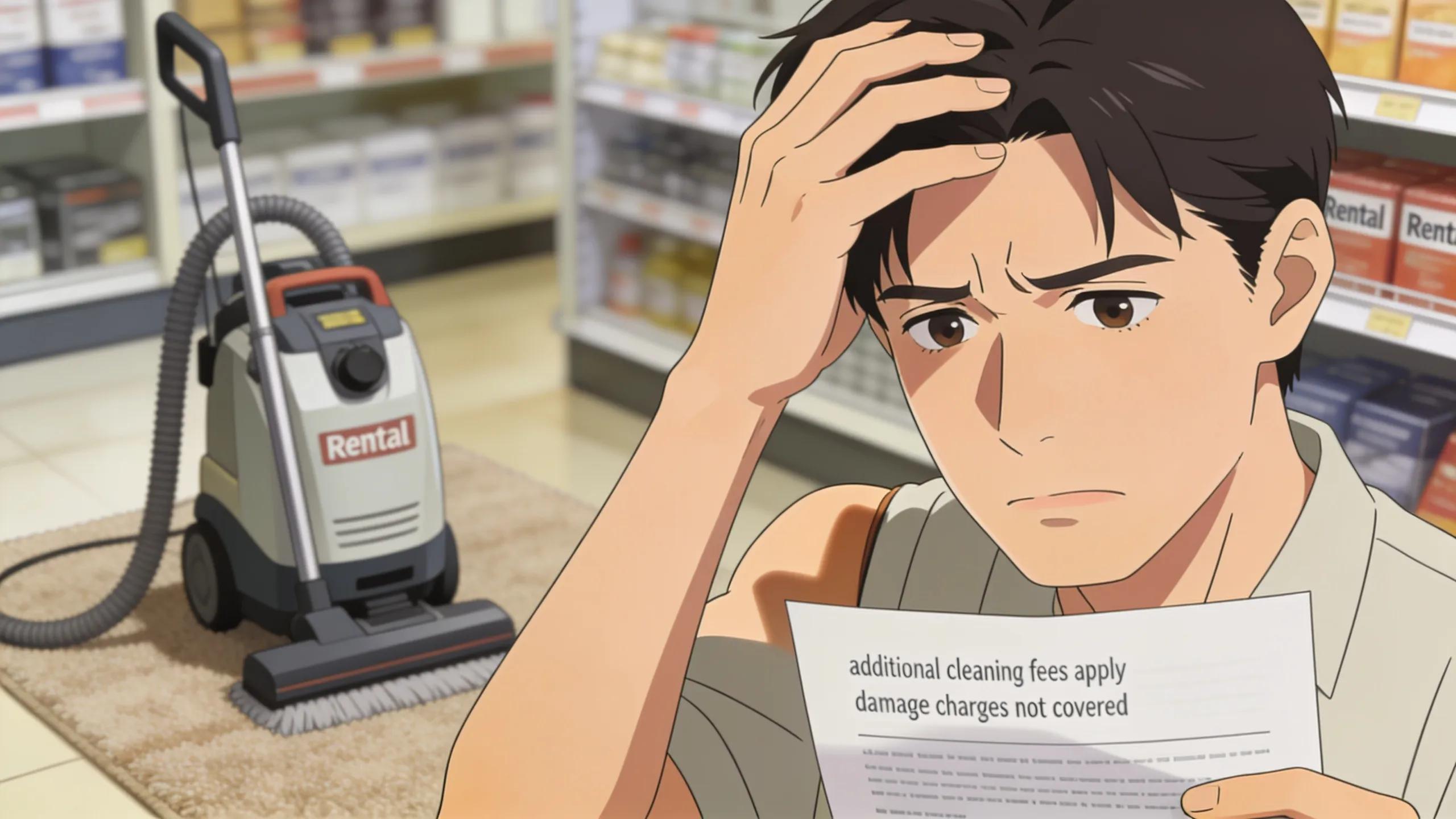 Confused customer examining a rental agreement with carpet cleaning machines in the background.