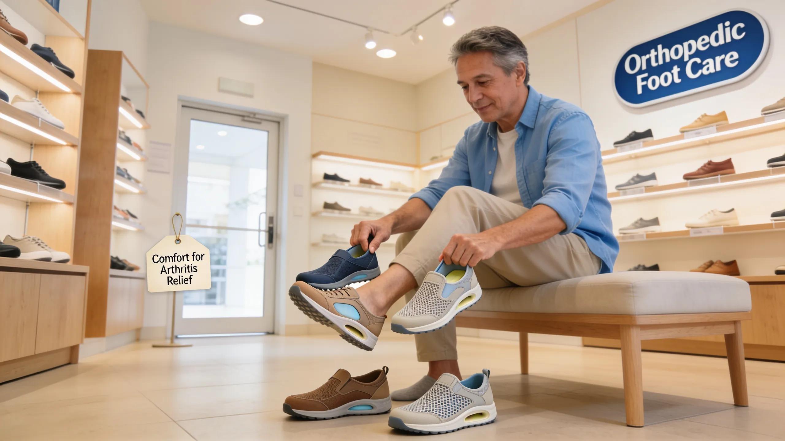 Individual selecting arthritis footwear in a shopping environment, focusing on comfort and quality