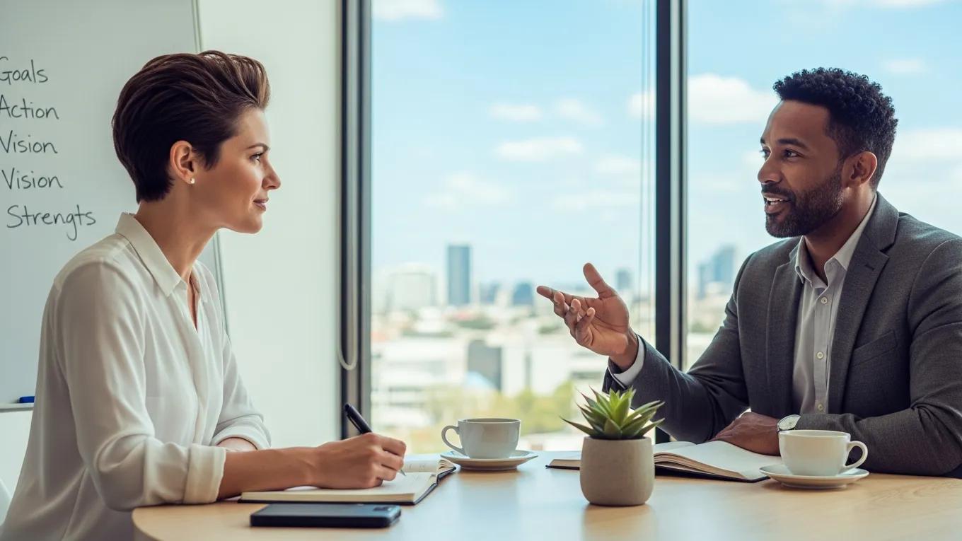 Life coach supporting a client through personal growth and goal setting