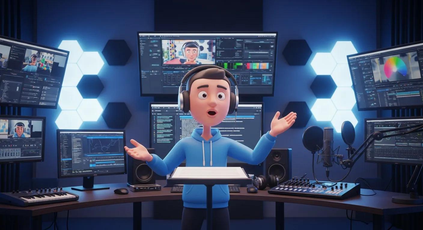 Animated avatar delivering a script in a digital video production studio AI avatar demonstrating Syllaby's tools for efficient content creation and personalization.