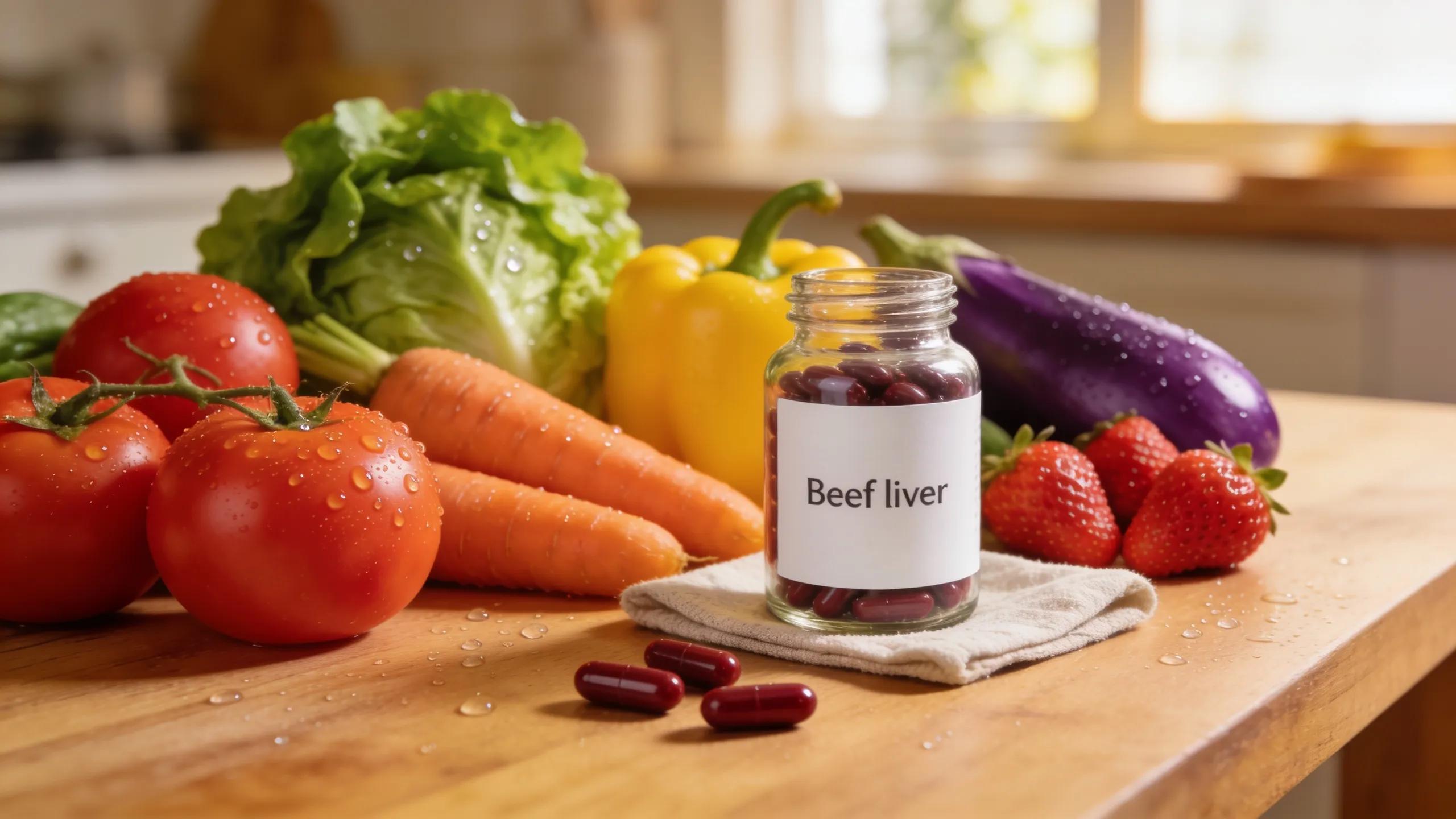 Vibrant assortment of fruits and vegetables with beef liver capsules enhancing nutritional themes