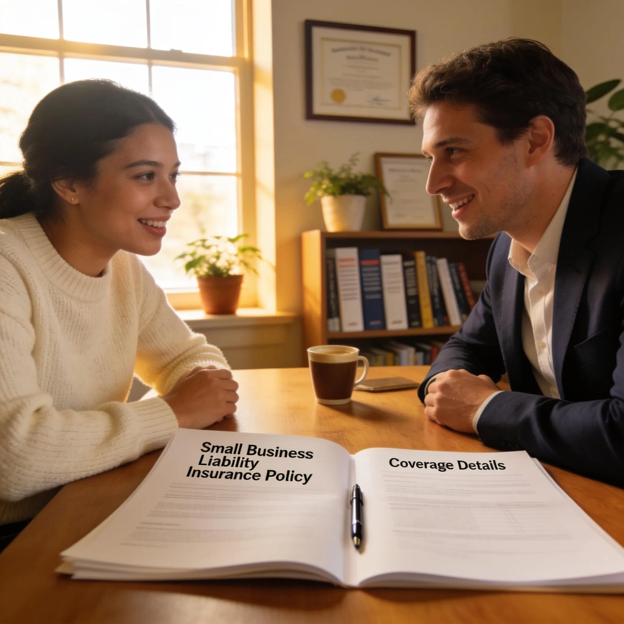 Small business owner consulting with a client about liability insurance in an inviting office setting