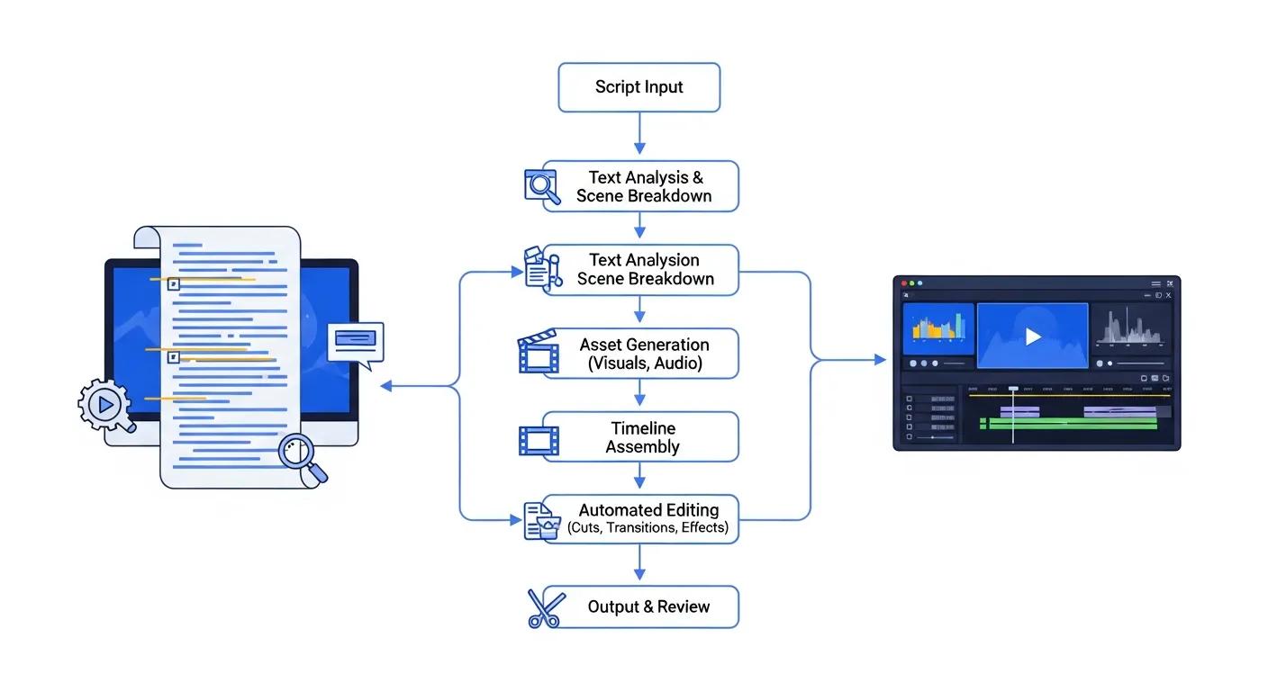 Diagram showing AI automating script-to-video workflows and editing tasks Diagram showing AI automating script-to-video workflows and editing tasks
