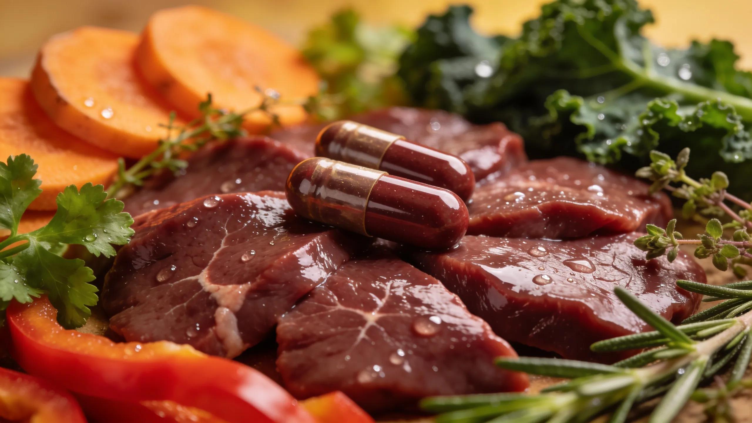 Nutrient-rich beef liver capsules surrounded by healthy foods
