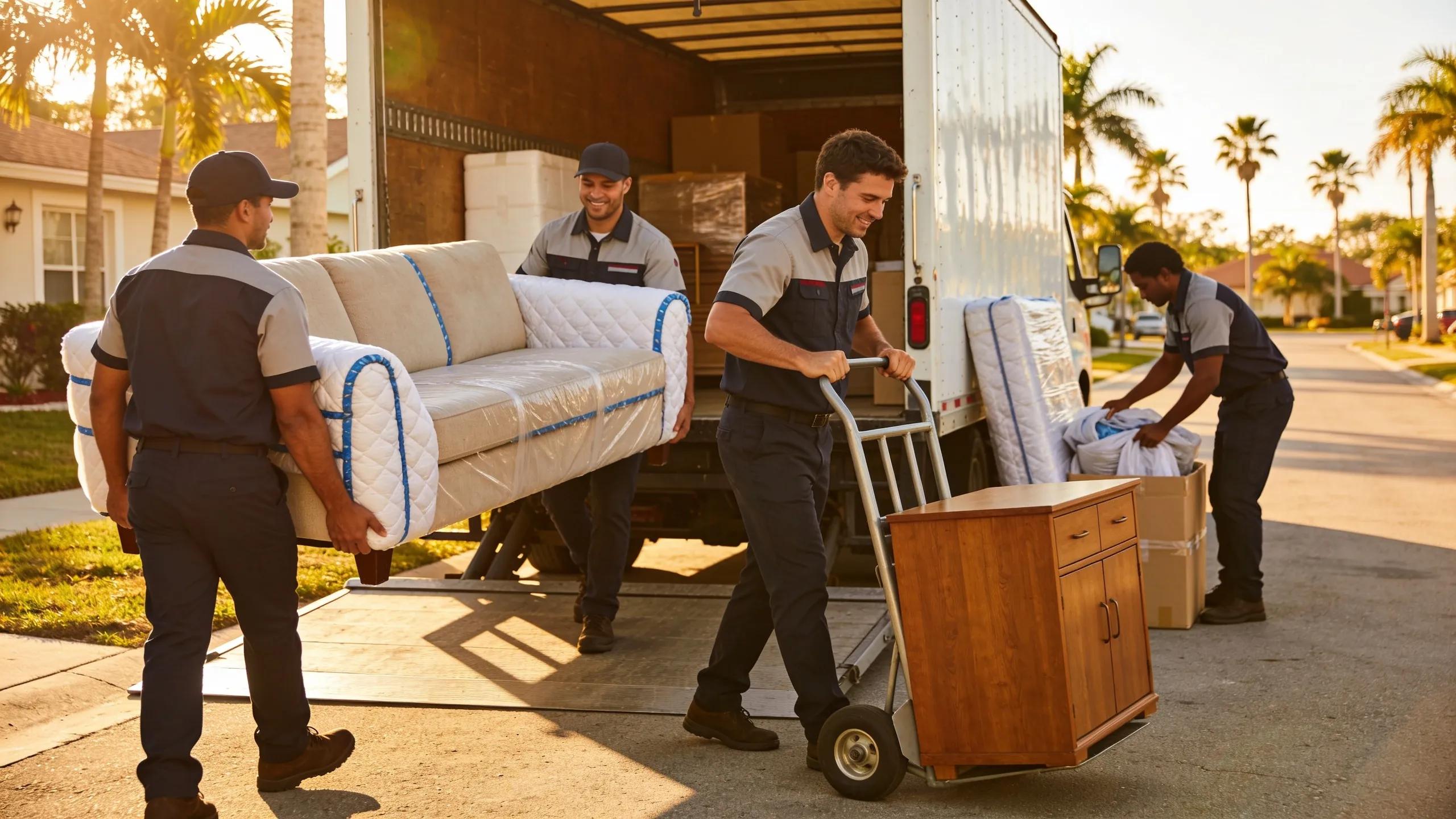 Moving company team loading furniture in Palm City, highlights professionalism and service quality