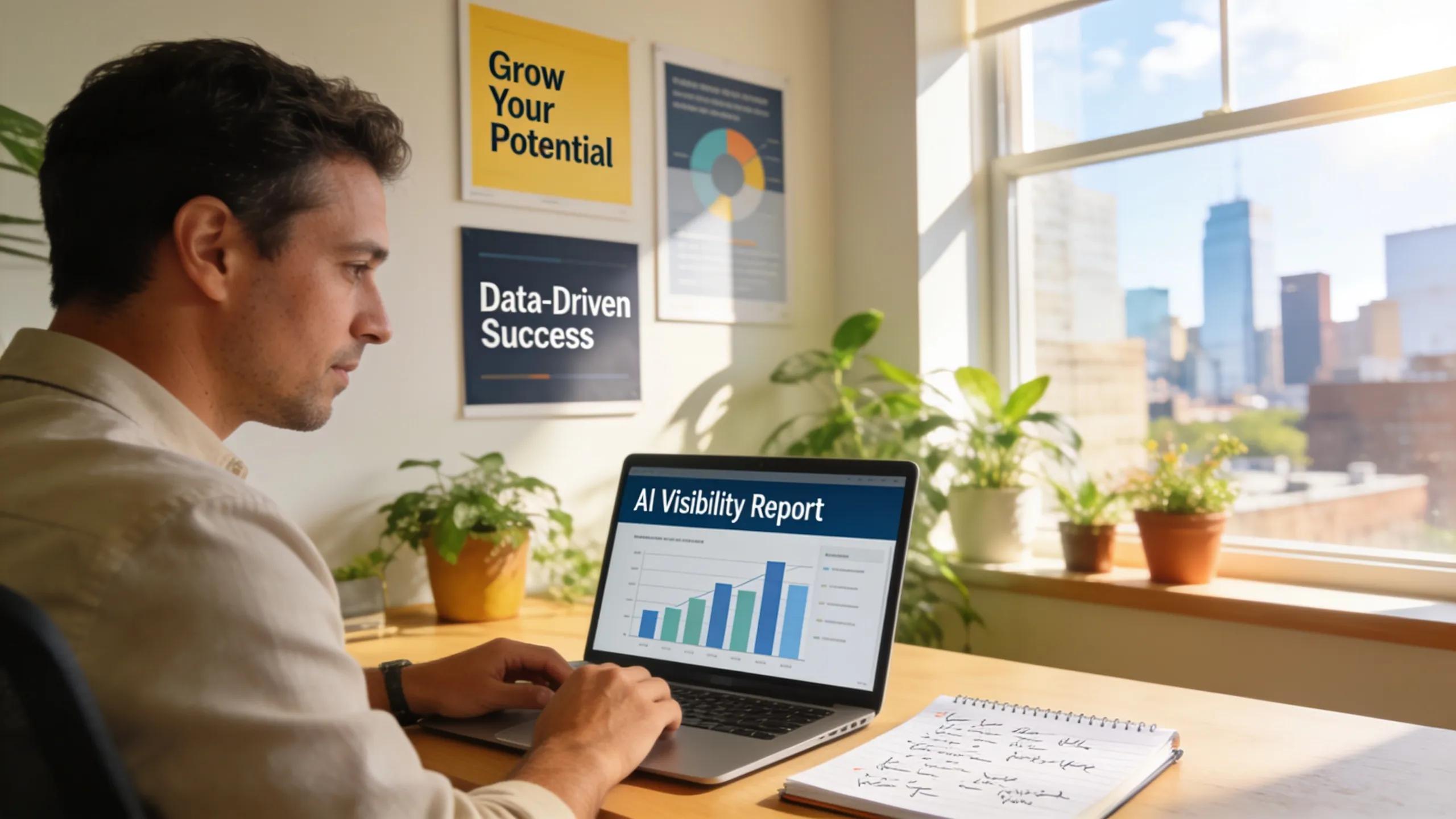 Coach reviewing AI visibility report notes in a well-lit professional workspace